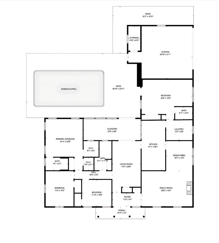 Spacious floor plan with pool, large bedrooms, open living, and sunroom.
