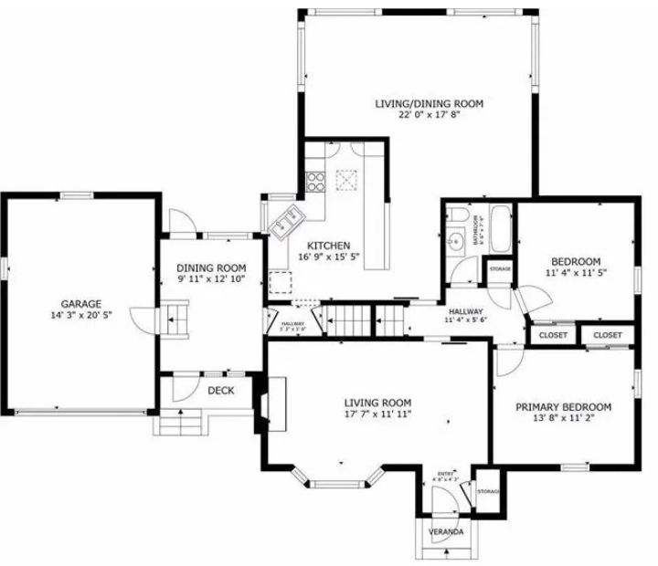 Warm and balanced home floor plan with spacious common areas and private bedroom layout.