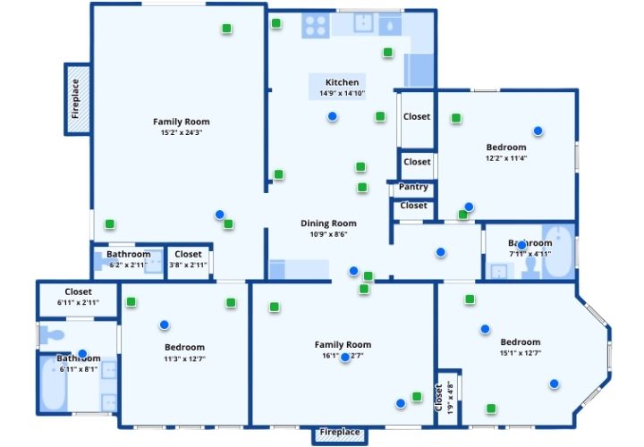 Floor plan with two family rooms, four bedrooms, and three bathrooms.
