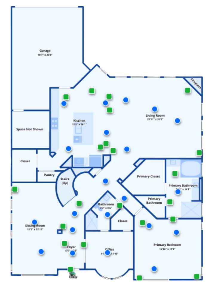 Spacious home floor plan with open kitchen, large living room, private primary suite, and multiple functional rooms.