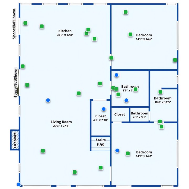 Floor plan with open living room and two large bedrooms