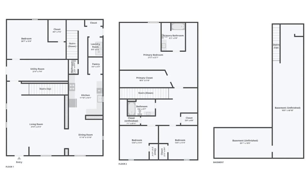 Three-level home floor plan showing main, upper, and basement layouts.