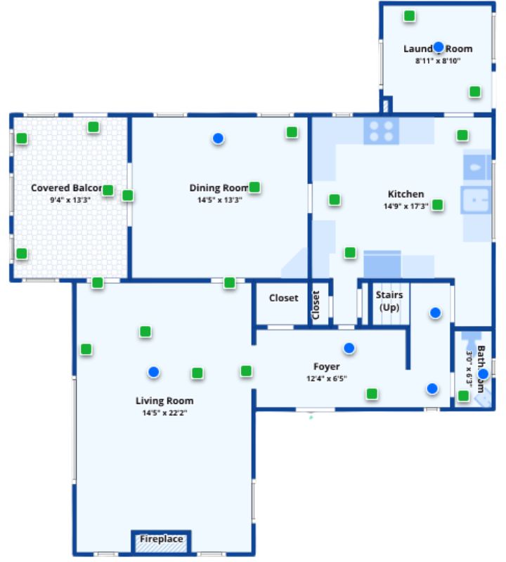 Main-level floor plan with living, dining, kitchen, and balcony.