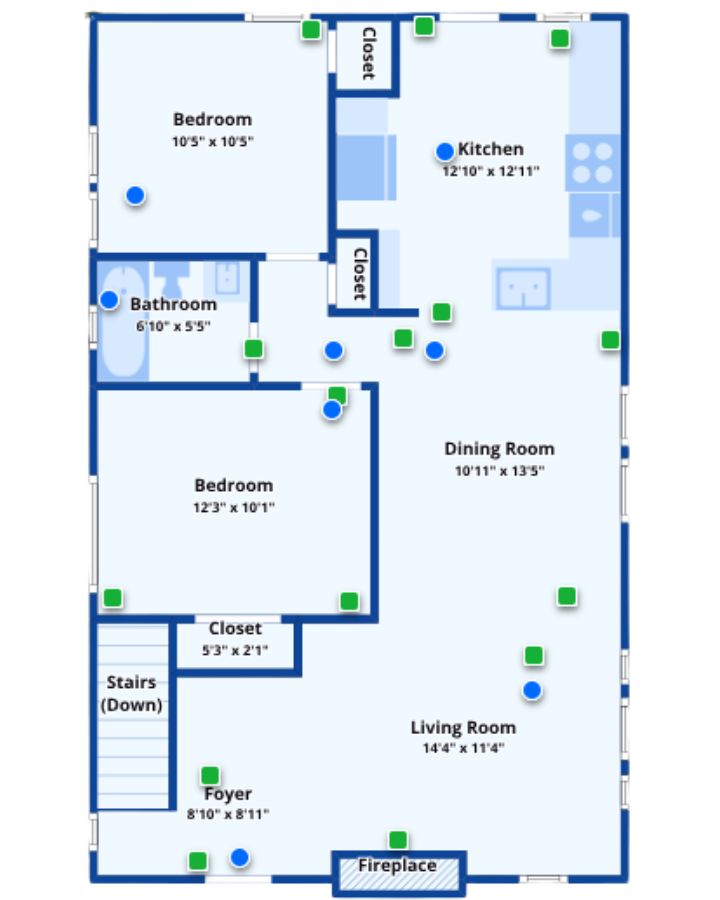 Floor plan showing living areas, bedrooms, and kitchen arrangement.