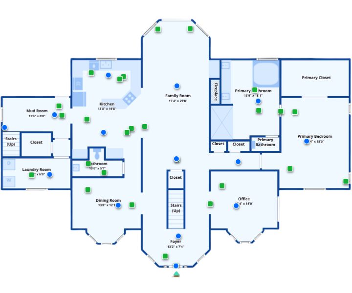 Detailed floor plan with family room, kitchen, office, and primary suite.