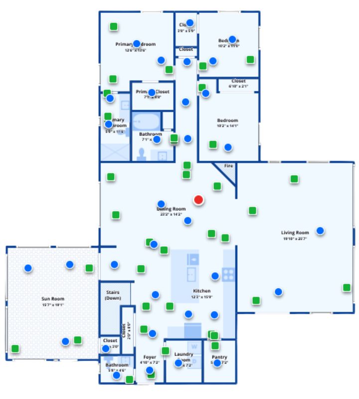 Detailed floor plan showing connected living spaces, sun room, three bedrooms, and utility areas.