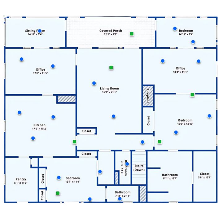 Floor plan with central living room, two offices, three bedrooms, large kitchen, and covered porch.