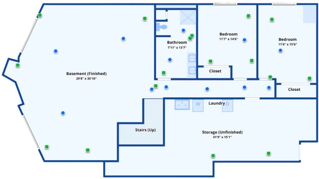 Finished basement with two bedrooms, storage, laundry, and flexible open space.