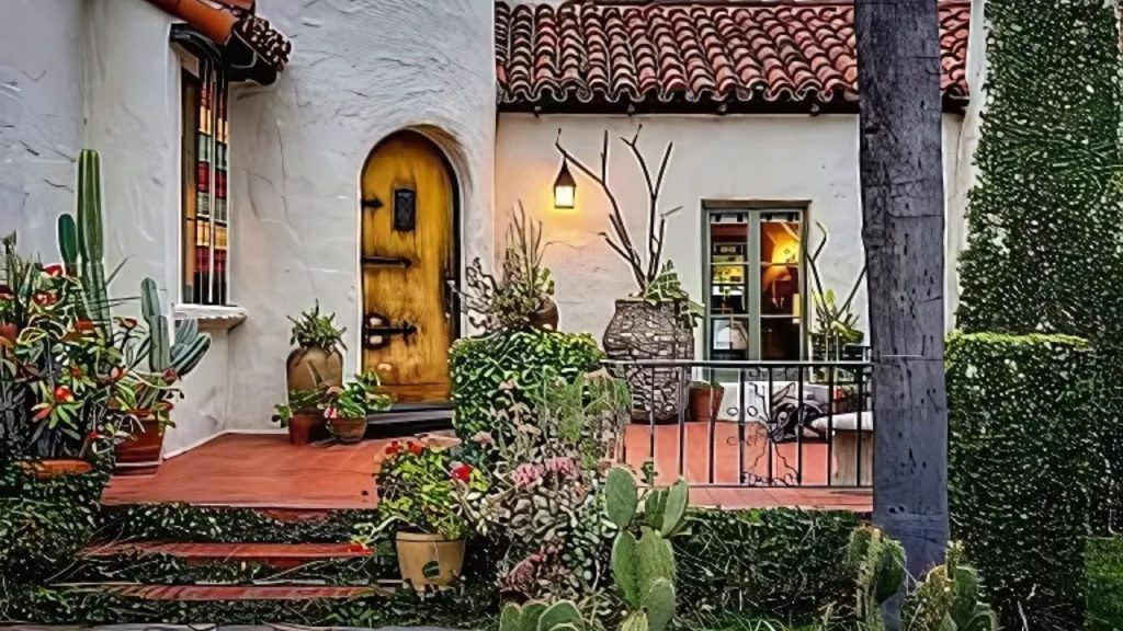 A charming Spanish Colonial entrance with a yellow arched door, stained-glass windows, and a terracotta porch adorned with cacti and flowers, framed by a palm tree.