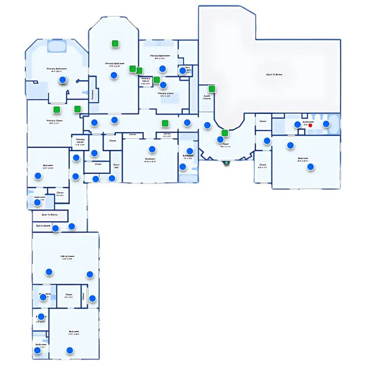 Second floor layout showing dual primary suites, guest bedrooms, closets, and connecting stairs.