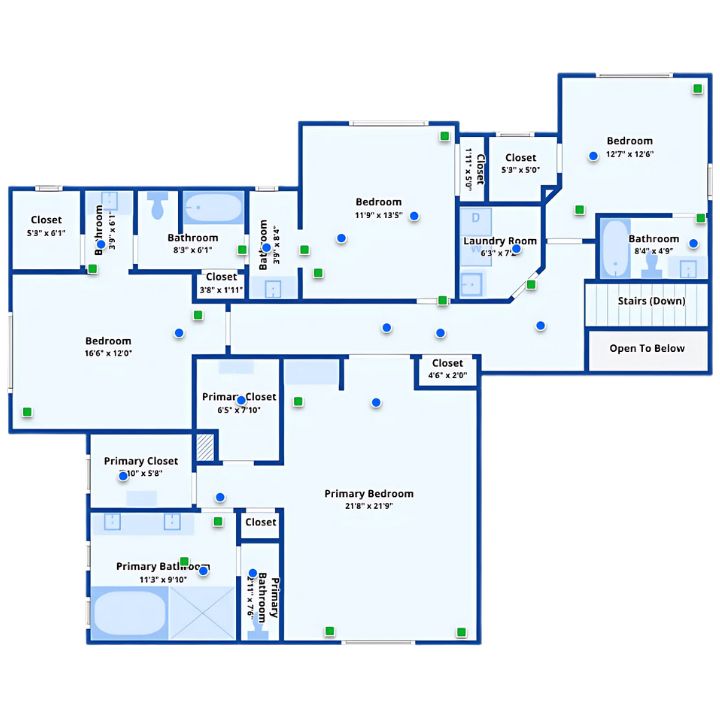 Upstairs layout with four bedrooms, three bathrooms, and a central laundry room.