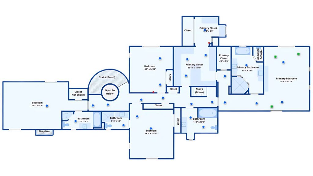 Second floor with five bedrooms, open overlook, and a spacious primary suite.