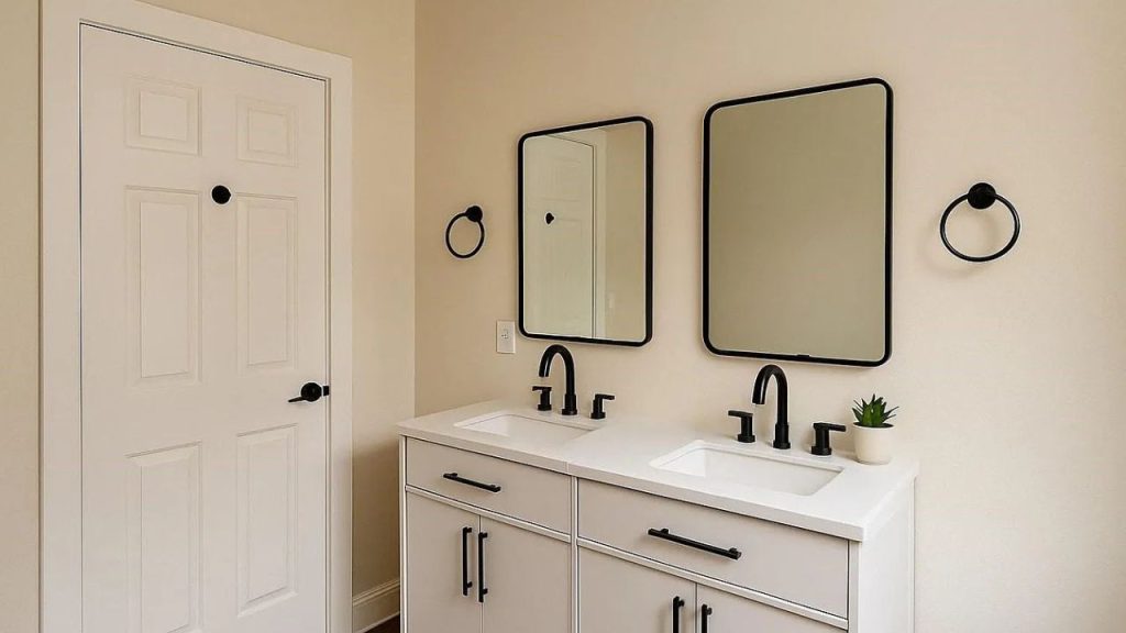 Modern double vanity with black fixtures and twin mirrors.