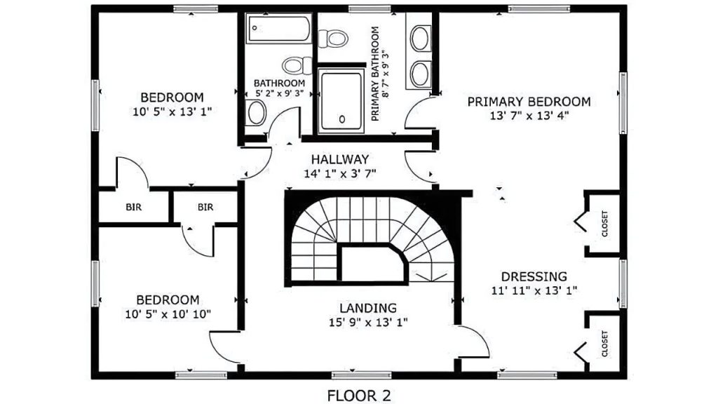 Upper floor with three bedrooms, two baths, dressing room, and a central landing.
