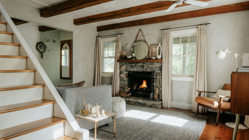 Exposed Wood Beams with Soft White Ceilings