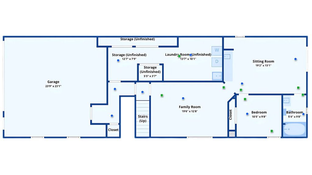 Basement layout with garage, storage, laundry, family room, and private bedroom suite.
