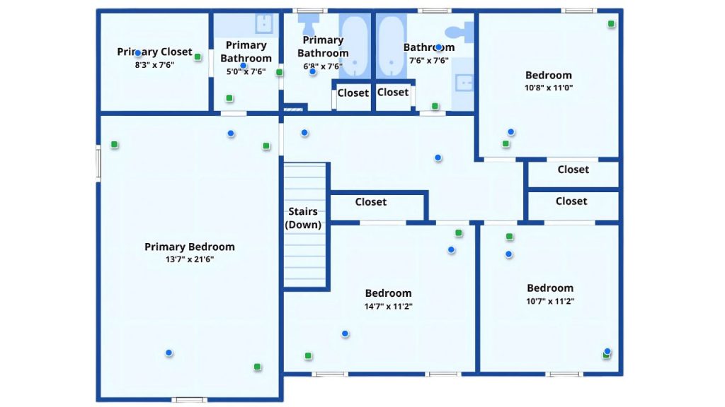 Upper floor layout featuring a spacious primary suite, three additional bedrooms, and multiple bathrooms with ample closet space throughout.