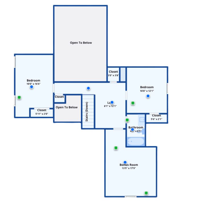 Upper floor layout with bedrooms, loft, and bonus room, overlooking the main level.
