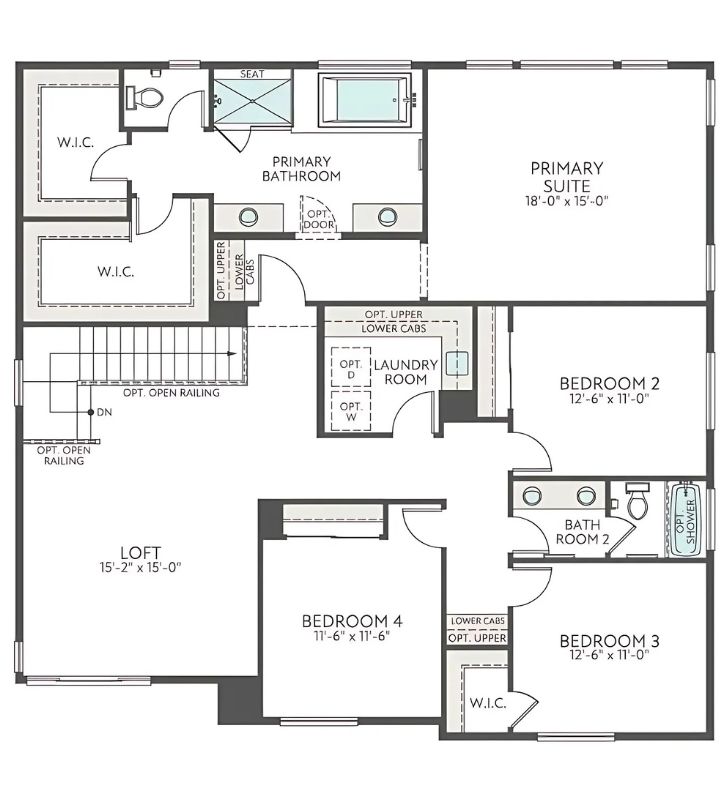 Upper floor layout with primary suite, three bedrooms, loft, and laundry room.