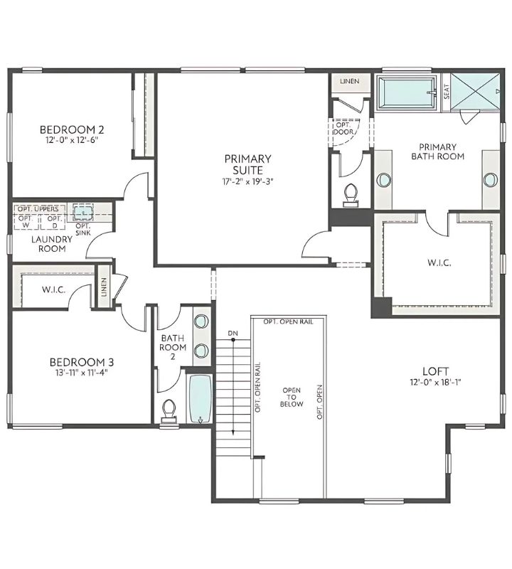 Upper floor plan with a spacious primary suite, two additional bedrooms, loft, laundry, and two bathrooms.