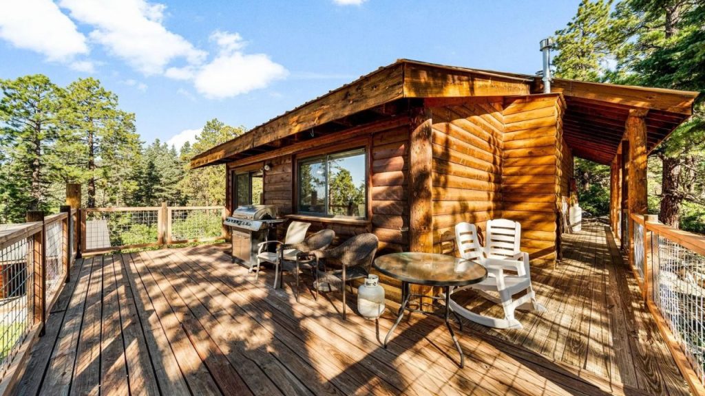 Spacious sunny deck with grill and forest views.