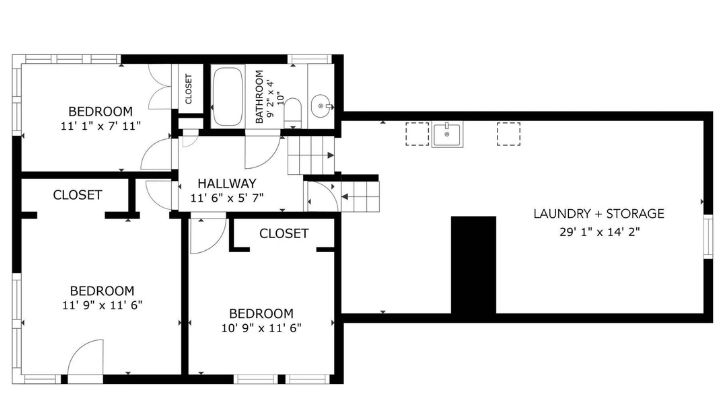 Floor plan showing three bedrooms, bathroom, and large laundry area.