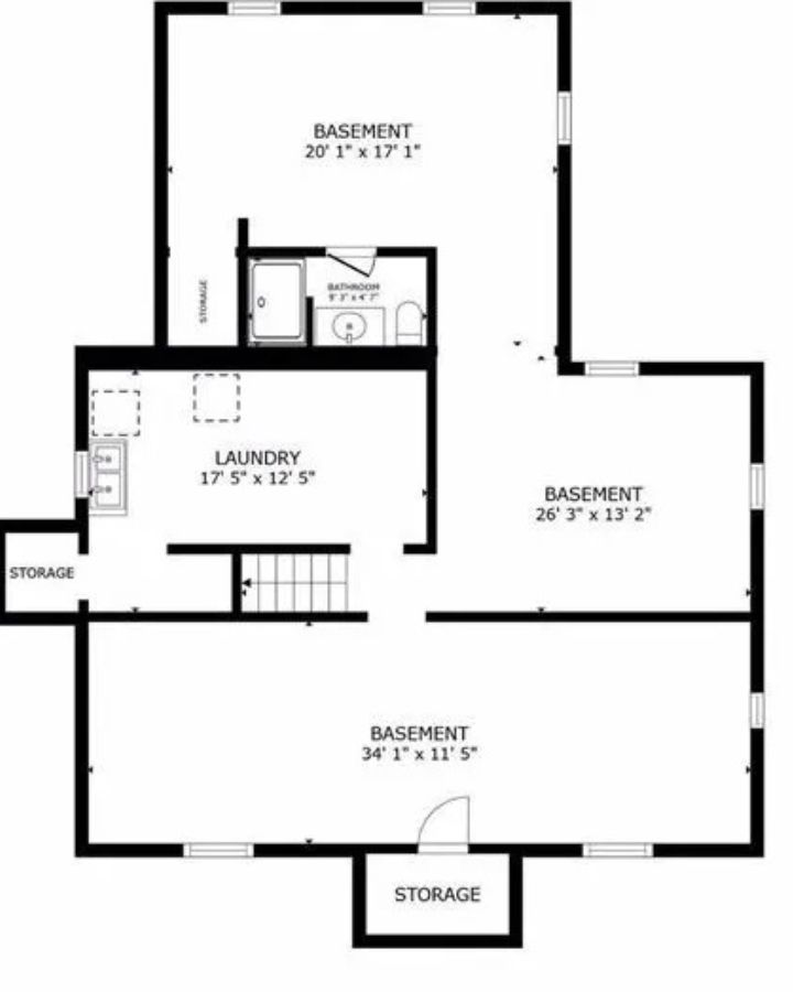 Spacious basement floor plan with multiple open rooms, laundry, bathroom, and storage areas.