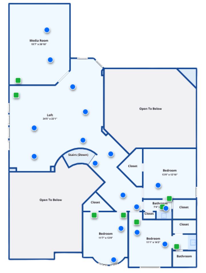 Second floor with open loft, media room, three bedrooms, and two bathrooms.