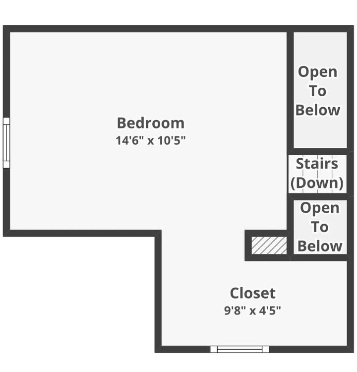 Upper floor with large bedroom, open-to-below view, and walk-in closet.