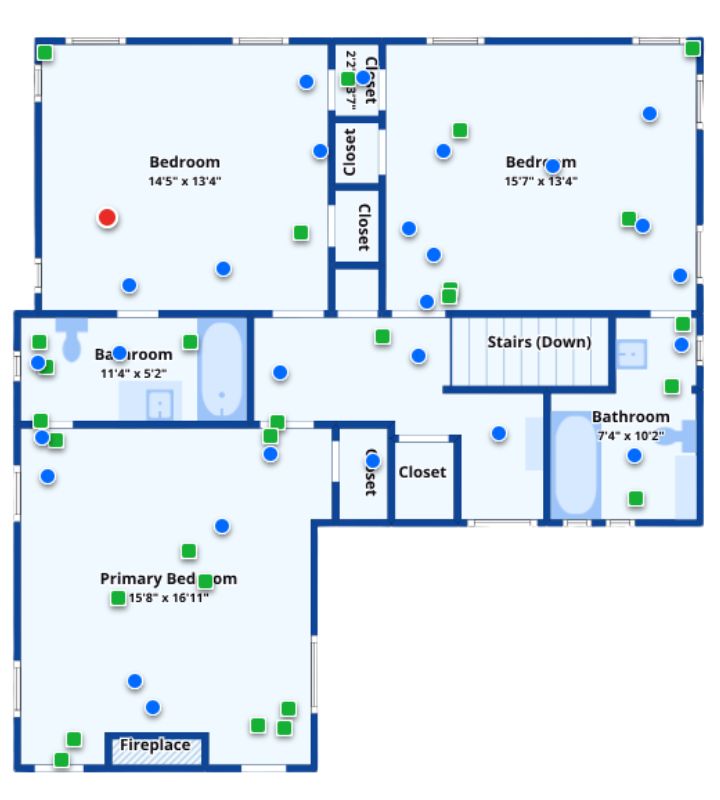 Upstairs layout with three bedrooms, two baths, and a fireplace in the primary room.