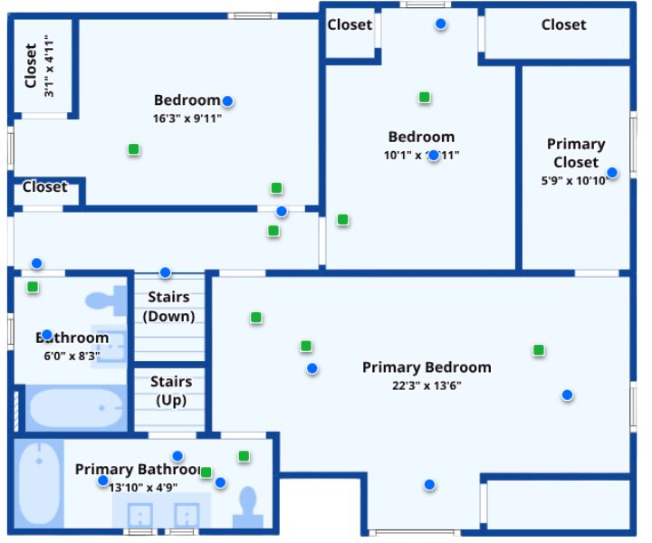 Upstairs floor plan with 3 bedrooms, 2 baths, and a spacious primary suite.