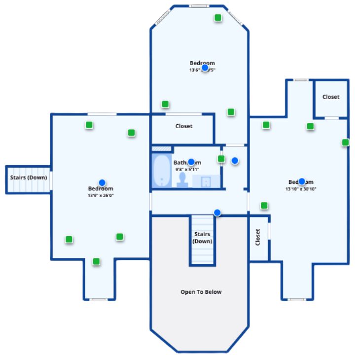 Upper floor plan with three large bedrooms and shared bathroom.