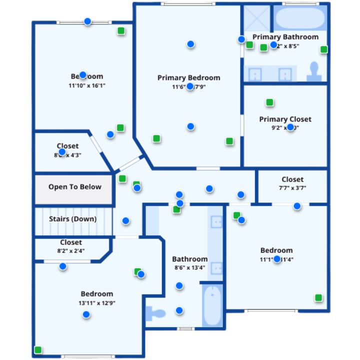 Upper floor with four bedrooms, open hallway, and primary suite.