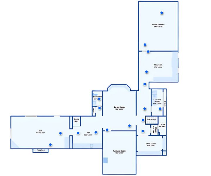 Basement layout with game room, bar, movie theater, playroom, and utility spaces.
