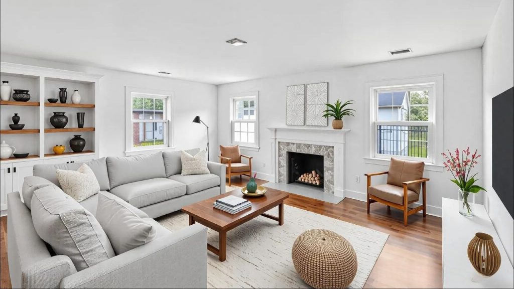 A cozy living room with a gray sofa, stone fireplace, wooden chairs, and large windows, filled with natural light.
