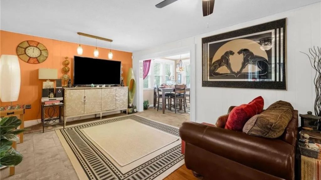 Cozy living room with orange accent wall, panther artwork, and eclectic decor.