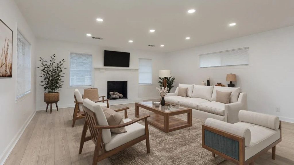 Minimalist living room with neutral furniture, wood accents, and fireplace.