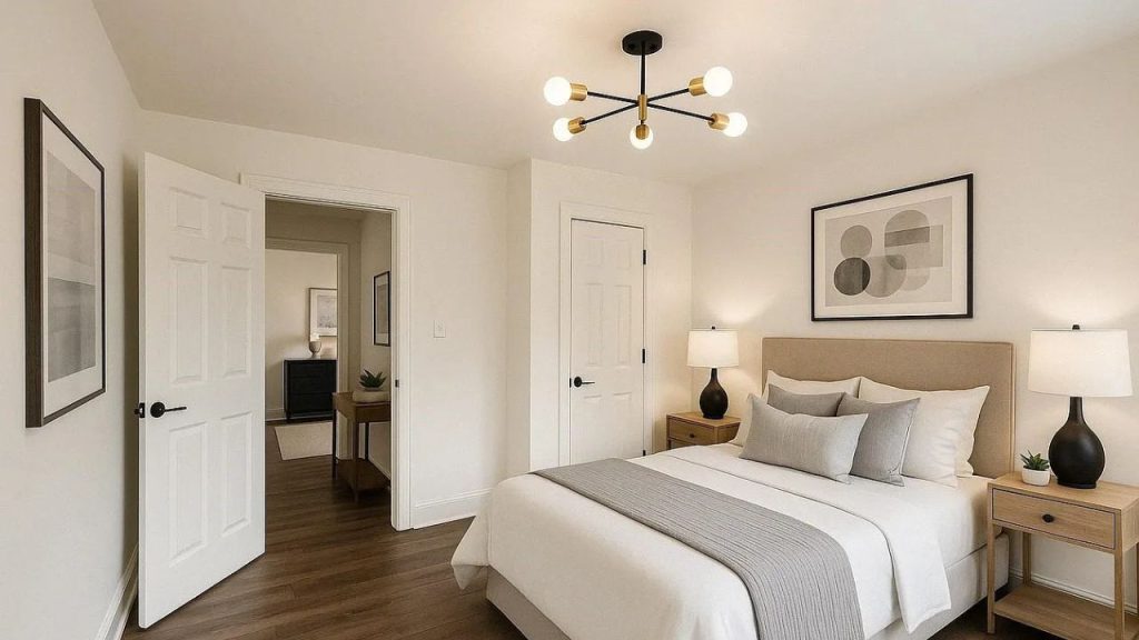 Bright neutral bedroom with cozy bedding and modern decor.