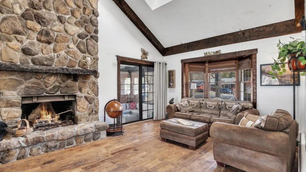 Rustic Living Room with Stone Fireplace