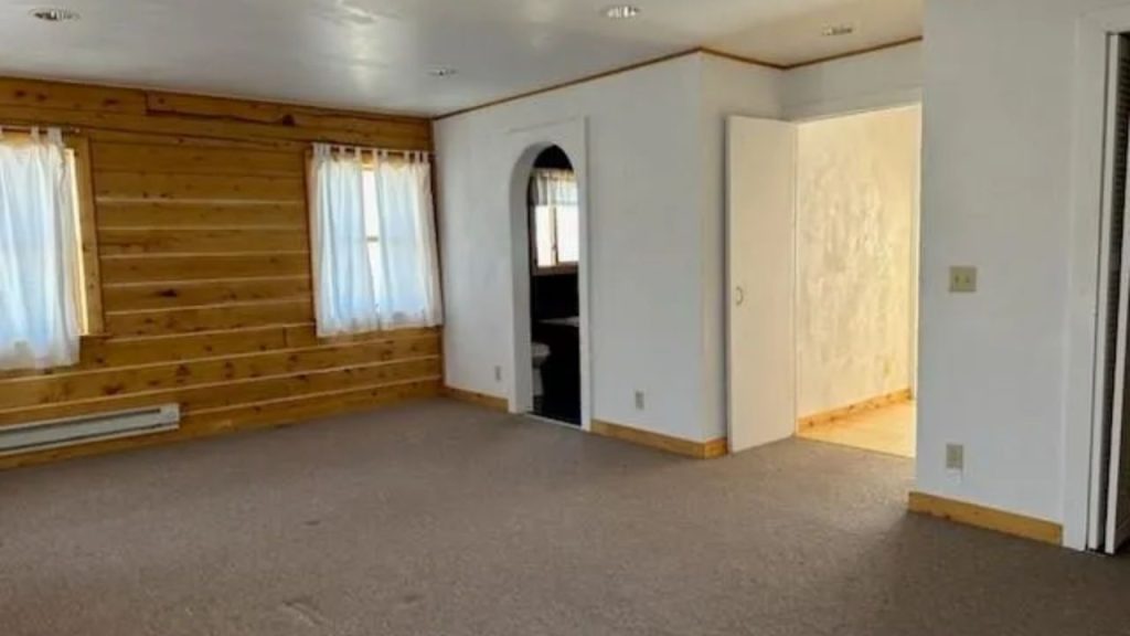 Open living area with pine wall, carpet, and arched doorway.