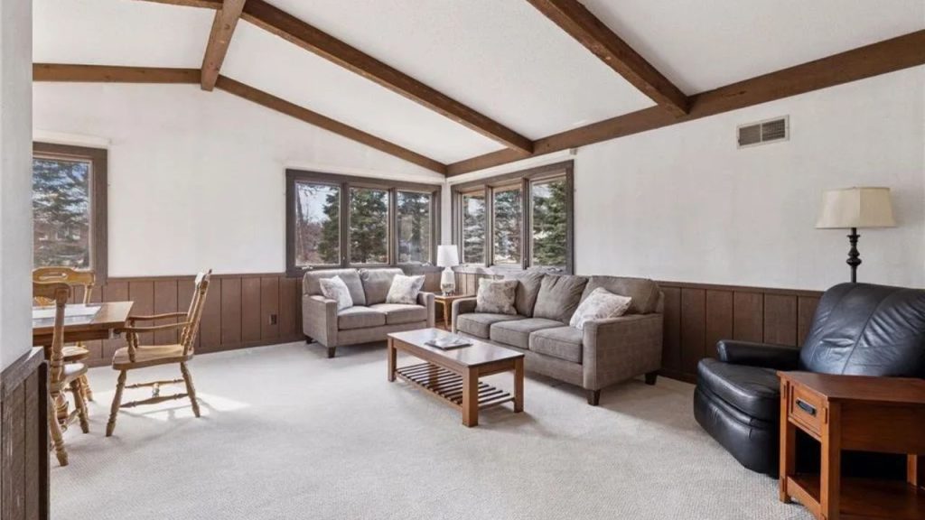 Vaulted living room with wood beams, soft carpet, and large windows.