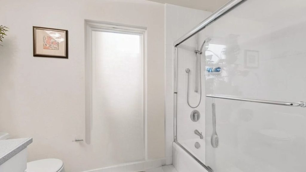 A peaceful bathroom with a glass shower, frosted window, and potted plant.