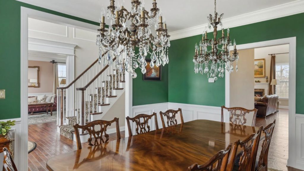 Elegant Dining Room with Double Chandeliers