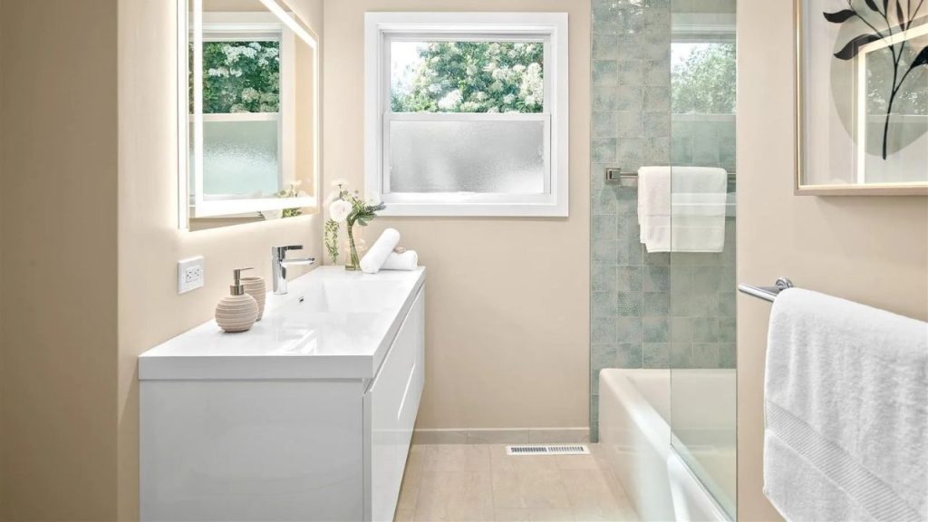 A serene bathroom with a white vanity, frosted window, and glass shower, accented by fresh flowers and artwork.