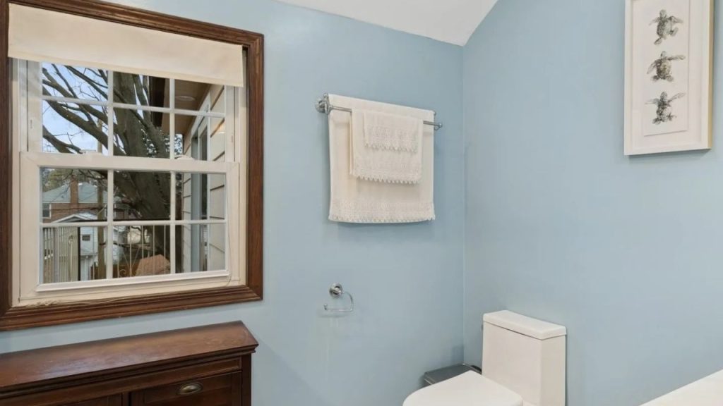 Light blue bathroom corner with window, white toilet, and towel on wall.