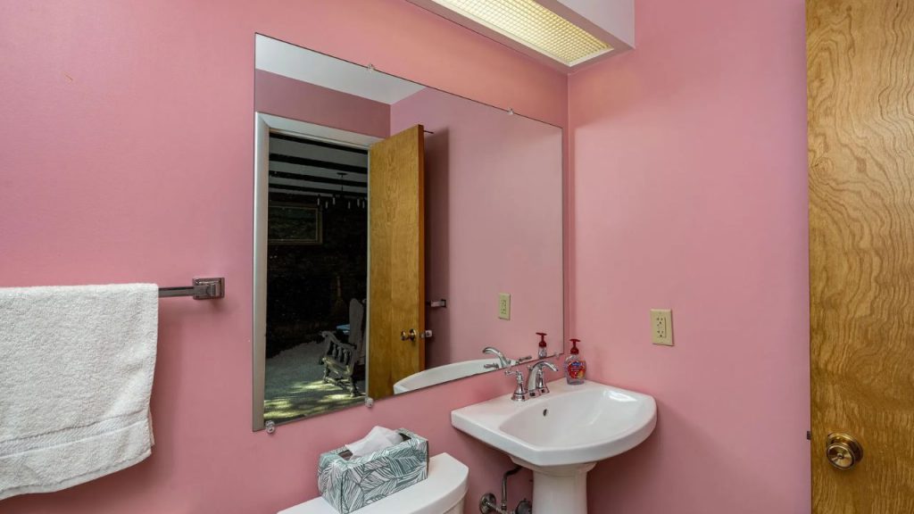 Powder room with bright pink walls, pedestal sink, and large mirror.