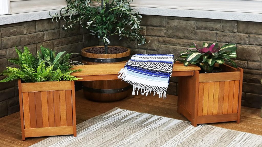 Slatted Wooden Bench with Built In Planters