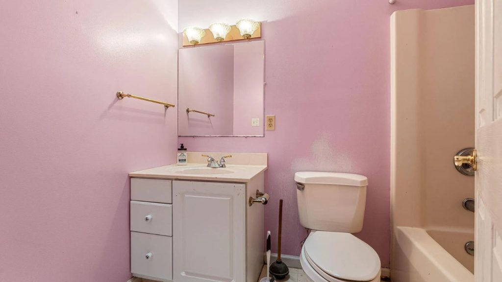Pink-walled bathroom with a white vanity and bathtub.