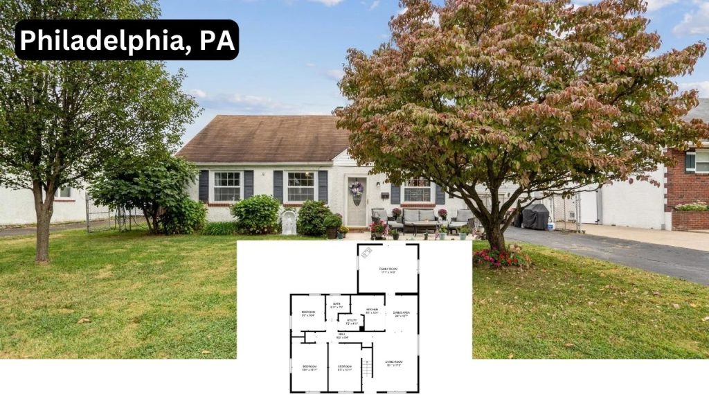 A charming 5-bedroom, 1-bathroom Cape Cod house with 1,966 sq ft of living area is situated at 9805 Woodfern Rd, Philadelphia, PA 19115, on a 6,682 sq ft property. This traditional home is full of character with its pitched roof and white facade, paired with a neat front yard with mature trees and colorful shrubs. The floor plan provides a spacious area for family living, with a comfortable patio space ideal for outdoor enjoyment, combining traditional style with practicality.