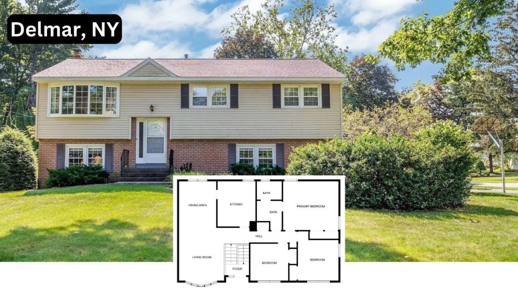 Raised ranch home at 3 Rita Ct, Delmar, NY with beige siding, brick facade, front steps, and floor plan inset showing 4 bedrooms and 2 bathrooms.